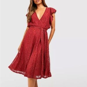 Boohoo Red Lace Swing Dress Waist Tie